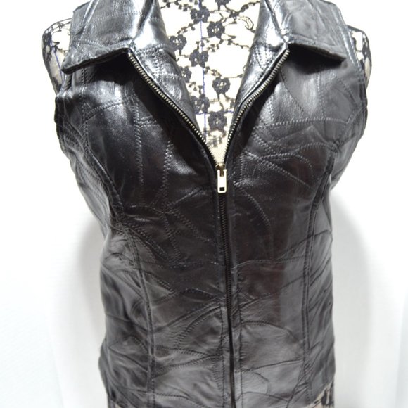 Genuine Leather Patchwork Motorcycle Vest Women's L Zip-Up Shiny Mesh Back Biker - Picture 8 of 8